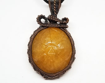 Wire Wrapped Pendant with Yellow Aventurine and Copper, Wire Wrapped Jewelry, Copper Jewelry, Carved Gem