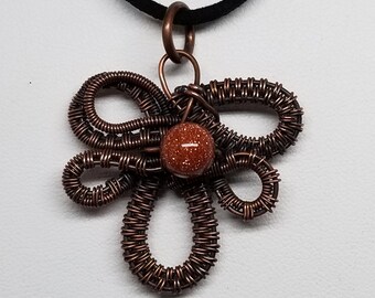 Wire Wrapped Copper Pendant with Goldstone Bead, Wire Wrapped Jewelry, Copper Jewelry