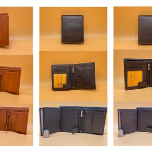 May include: A collection of leather wallets in various shades of brown and black. The wallets are shown closed and open, revealing multiple compartments, card slots, and a zippered coin pocket. Some wallets have a visible brand label.