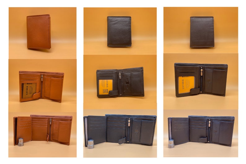May include: A collection of leather wallets in various shades of brown and black. The wallets are shown closed and open, revealing multiple compartments, card slots, and a zippered coin pocket. Some wallets have a visible brand label.