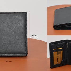 May include: Black leather wallet with a zipper closure and a small yellow label that says "KATRA B". The wallet is 9cm wide and 12cm tall.