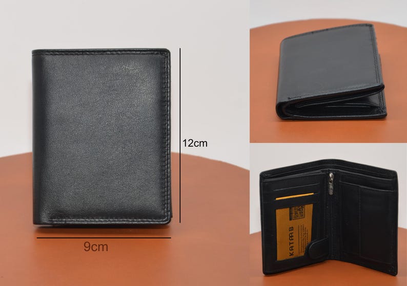May include: Black leather wallet with a zipper closure and a small yellow label that says "KATRA B". The wallet is 9cm wide and 12cm tall.
