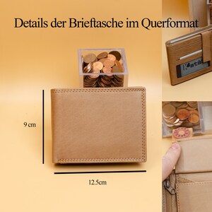 May include: A brown leather wallet with a zipped coin pocket and a billfold. The wallet measures 12.5 cm by 9 cm.