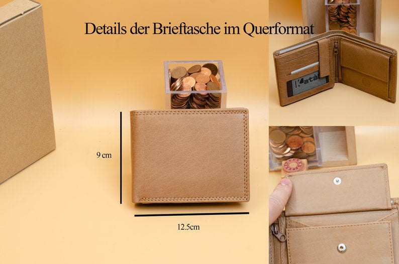 May include: A brown leather wallet with a zipped coin pocket and a billfold. The wallet measures 12.5 cm by 9 cm.