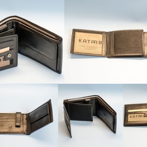 May include: Black leather wallet with multiple compartments, including card slots and a bill section. The wallet is open, displaying its interior and the brand name "KATMB" on a card. The wallet appears to be new and unused.