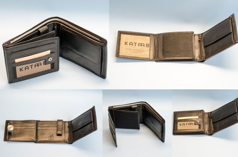 May include: Black leather wallet with multiple compartments, including card slots and a bill section. The wallet is open, displaying its interior and the brand name "KATMB" on a card. The wallet appears to be new and unused.