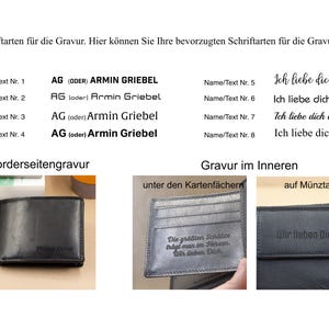 May include: A close-up of a black leather wallet with the text "Phillip Stein" embossed on the front. The wallet is shown on a white background. The image also shows examples of different font styles for engraving on the wallet.