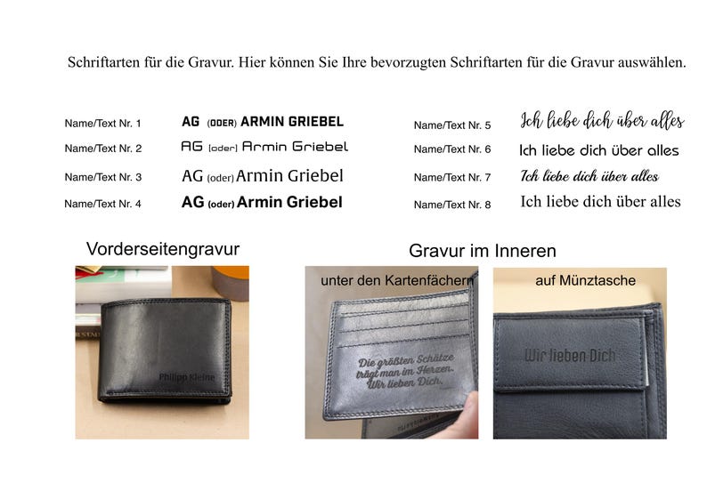 May include: A close-up of a black leather wallet with the text "Phillip Stein" embossed on the front. The wallet is shown on a white background. The image also shows examples of different font styles for engraving on the wallet.