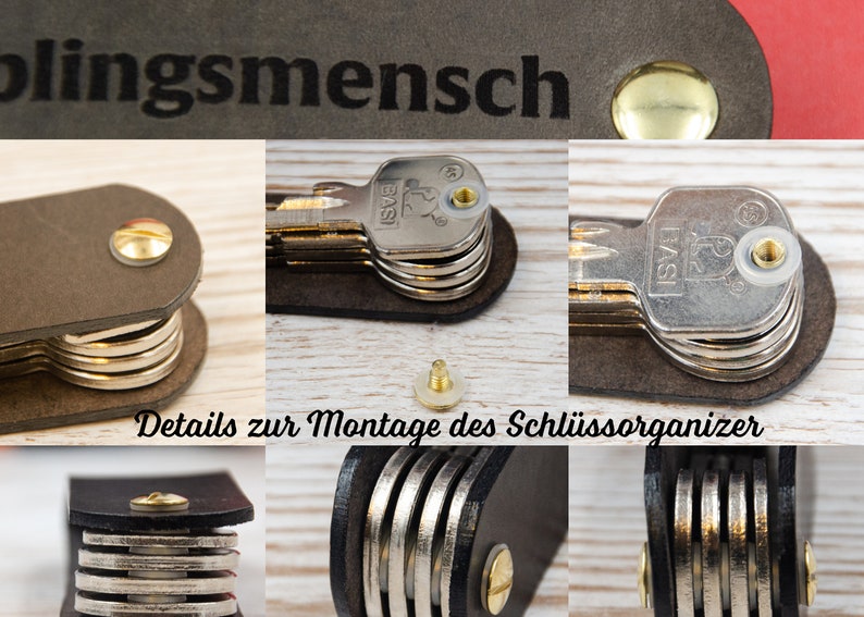May include: Close-up of a key organizer with multiple keys attached. The organizer is made of brown leather and has a metal screw. The text "Details zur Montage des Schl&uuml;ssorganizers" is visible at the bottom of the image.