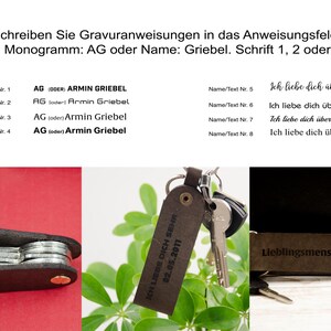 May include: Four different options for engraving text on a leather keychain. The options include the initials "AG" and the name "Armin Griebel" in four different fonts. The text "Ich liebe dich uber alles" is also shown in four different fonts.