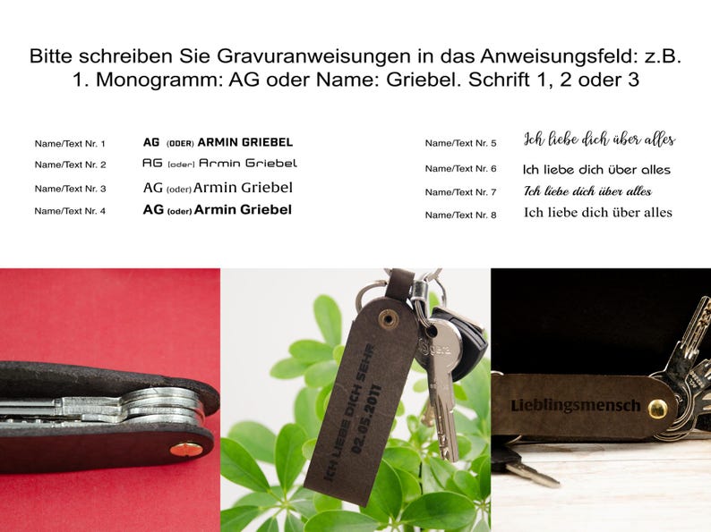 May include: Four different options for engraving text on a leather keychain. The options include the initials "AG" and the name "Armin Griebel" in four different fonts. The text "Ich liebe dich uber alles" is also shown in four different fonts.