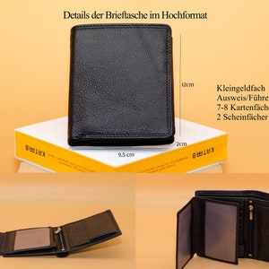 May include: A black leather wallet, 9.5 cm wide and 12 cm tall, with multiple compartments. Features include a coin pocket, ID/driver's license slot, 7-8 card slots, and 2 bill compartments. The wallet is shown closed and open.