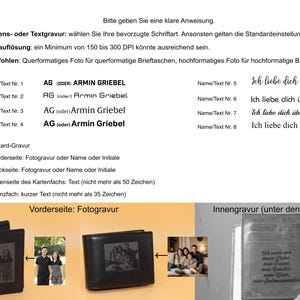 May include: Black leather wallet with a photo engraving on the front and text options. The image shows examples of text and photo options, including the text "Ich liebe dich &uuml;ber alles".