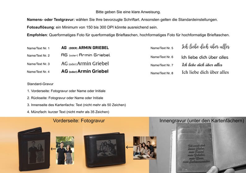 May include: Black leather wallet with a photo engraving on the front and text options. The image shows examples of text and photo options, including the text "Ich liebe dich &uuml;ber alles".