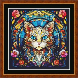STAINED GLASS Cat - pdf cross stitch chart in 14/18 count  Original Artist Unknown