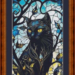 May include: A black cat with yellow eyes sits in a stained glass window with blue and white patterns. The cat is surrounded by vines and flowers.