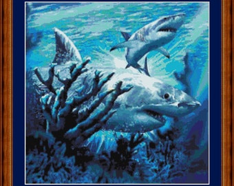 SHARKS - pdf cross stitch chart  in 14/18 count  Original Artwork ©  Steven Michael Gardner