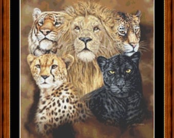 BIG CATS HEADS - Grille de point de croix pdf en 14/18 points Oeuvre d'art originale © Steven Michael Gardner