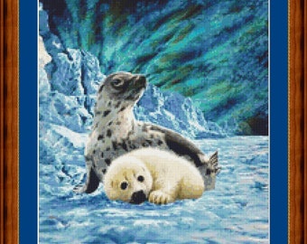 BABY HARP SEALS -  pdf cross stitch chart  in 14/18 count  Original Artwork ©  Steven Michael Gardner