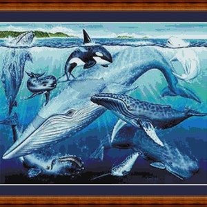 May include: A colourful underwater scene featuring a variety of whales, including a humpback whale, a blue whale, and an orca. The whales are swimming in a blue and green ocean with coral reefs in the background.