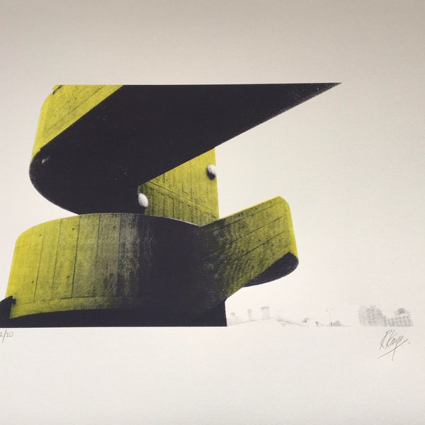 Brutalist Stairway, Hayward Gallery, London. Yellow and black hand tinted screen print