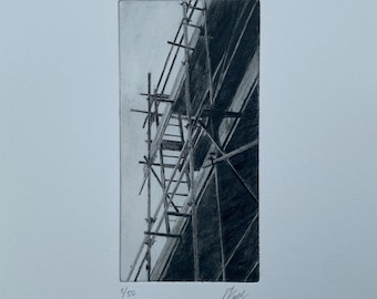 Drypoint Etching Print, Scaffolding Art on Somerset Paper