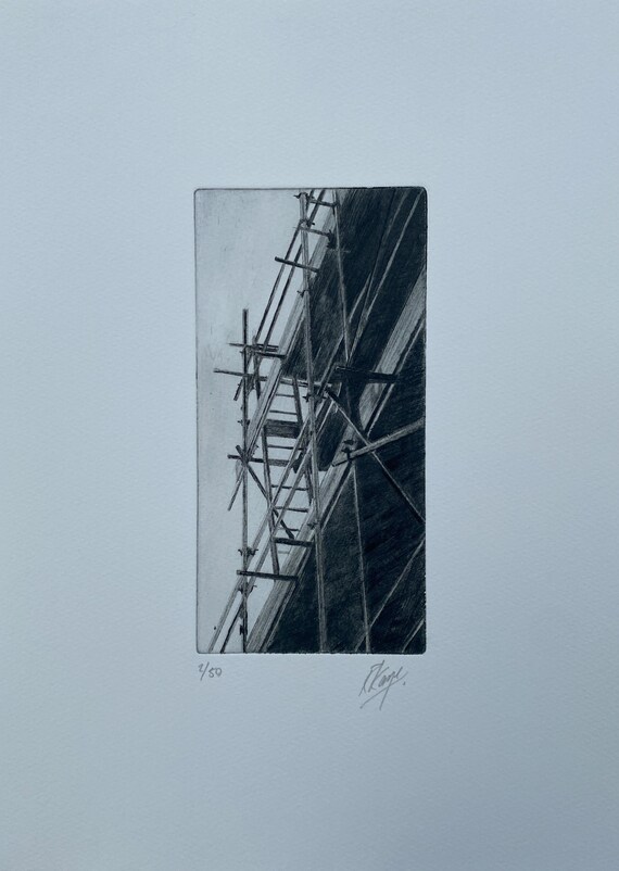 Drypoint Etching Print, Scaffolding Art on Somerset Paper