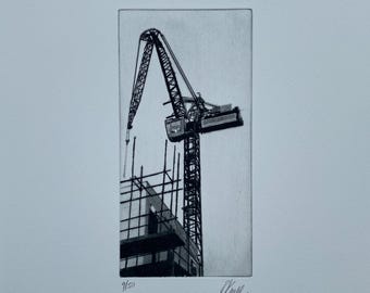 Crane with Scaffolding, drypoint etching