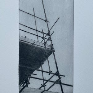 May include: A black and white etching of a scaffolding structure, with the number "11/50" and the artist's signature "R Kaye" in the bottom corner.