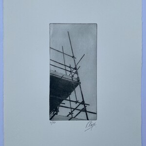 May include: Black and white etching of a scaffolding structure against a light gray sky. The etching is signed "K. Kaye" and numbered "14/50".