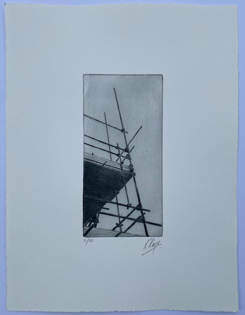 May include: Black and white etching of a scaffolding structure against a light gray sky. The etching is signed "K. Kaye" and numbered "14/50".