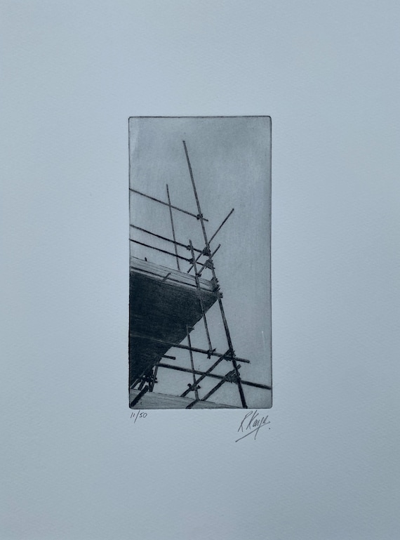 Scaffolding Print 1, an industrial drypoint etching print of the urban landscape