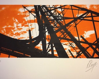 Communications mast print, industrial print, urban landscape, orange and black,