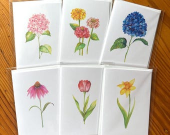 Six mystery blank watercolor flower greeting cards: thank you notes, cards for all occasions, set of cards