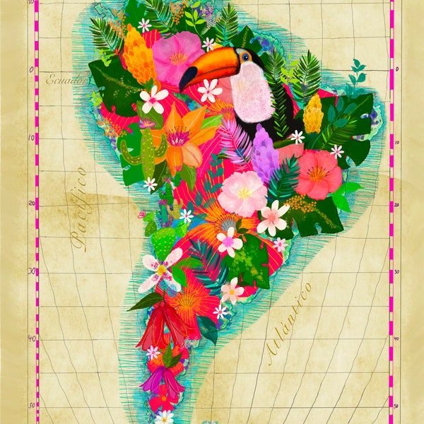Südamerika Karte, Kartographie Kunst, florale Karte von Lateinamerika - Kunstdrucke Karte - Wanddekor Karte - einzigartige Vintage Karte