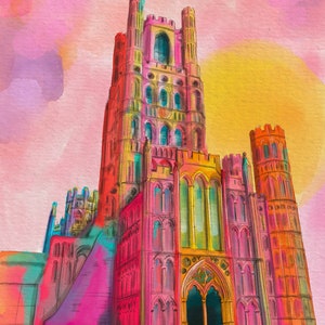 Ely Cathedral, Norman medieval cathedral, English cathedral in colours, architectural art print city of Ely, Cambridgeshire, the Fens