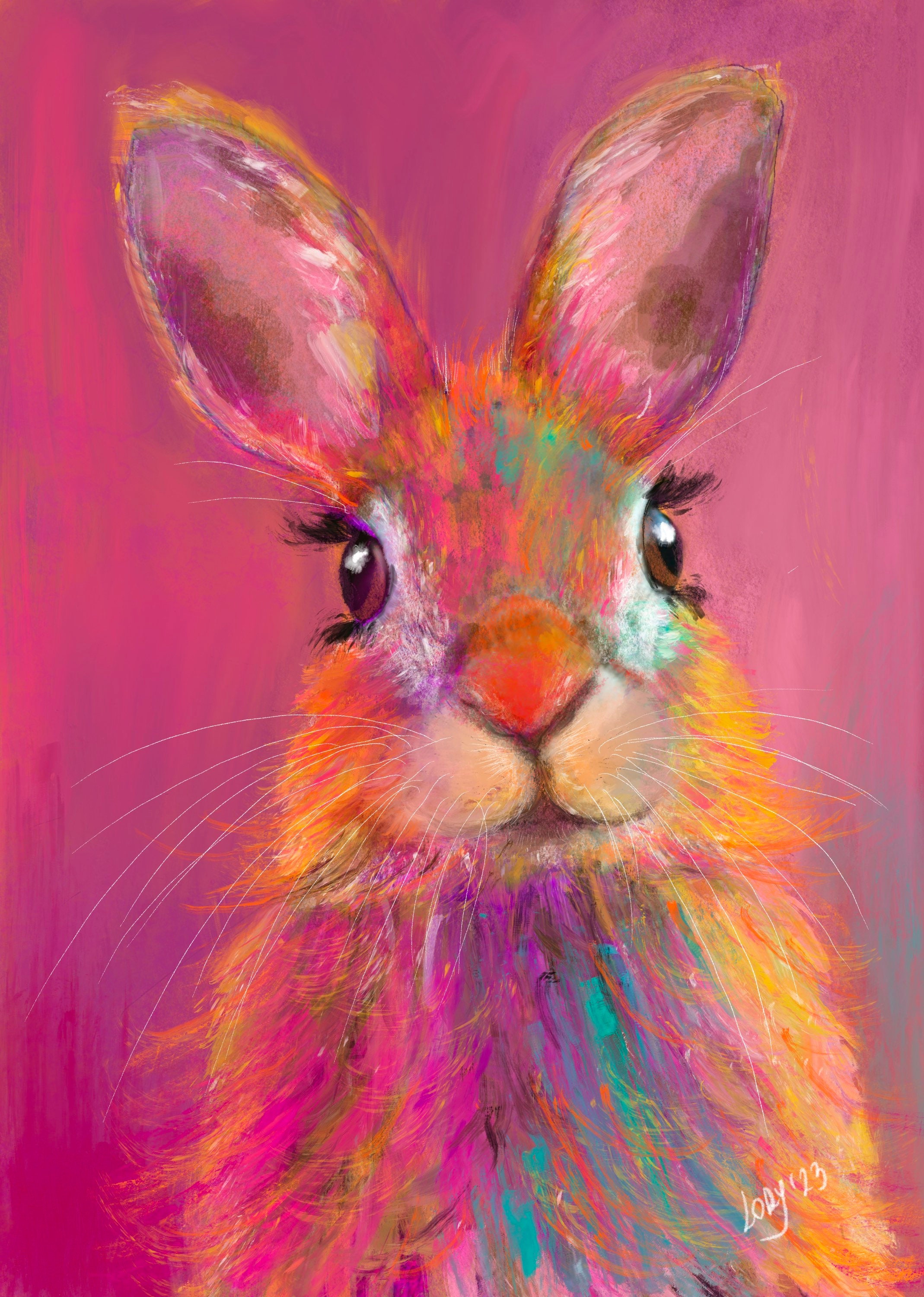 Rainbow bunny psychedelic rabbit print, sweet colourful rabbit, bright rabbit art wall decor, illustration, happy poster & canvas Easter