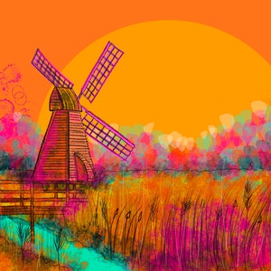 Wicken fen windpump Cambridgeshire, colourful windmill print, art wall decor illustration, Psychedelic Ely national trust the Fens