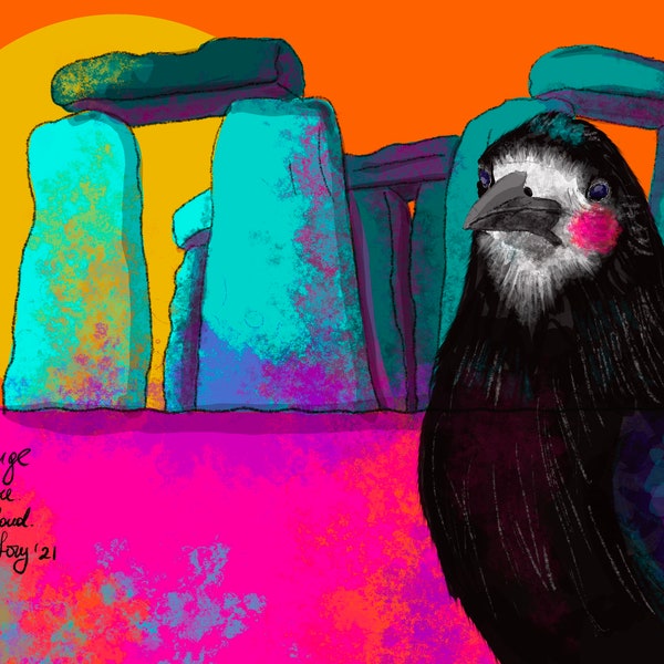 Impression colorée A4 et A3 Stonehenge rook, illustration de décoration murale d'art, monument anglais préhistorique psychédélique, corbeau plaine de Salisbury