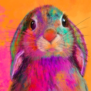 Lop ear Rainbow bunny psychedelic rabbit art print, sweet colourful , bright rabbit art wall decor, illustration, happy poster & canvas