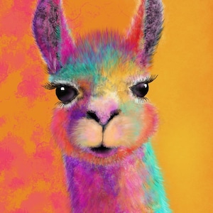 Psychedelic llama prints  - colourful South American rainbow llama, art wall decor, the Andes animal print, vibrant llama illustration