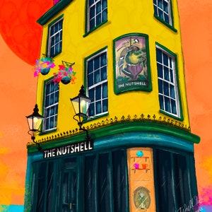 May include: A yellow building with a green awning and a sign that says "The Nutshell". The building has a few windows and a sign with a bird on it. The building is in front of a sunset.