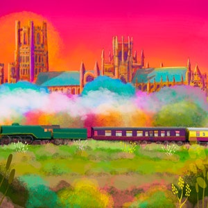 Ely Cathedral and train, medieval architecture, ship of the fens  in colours, architectural art print city of Ely, Cambridgeshire, the Fens