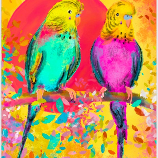 Colourful bright Budgies on a branch, Bird art print, Art wall decor Nature, Bird lover illustration, pair of vibrant parakeet, parrot  art