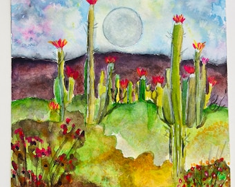 Sonoran Desert Moonrise an original watercolor. Desert Artwork Original Watercolor, Southwest Artwork, Arizona Artwork, Southwest Full Moon