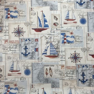 May include: A white and blue patterned fabric with a nautical theme. The fabric features images of lighthouses, sailboats, compasses, and anchors. The fabric also includes the text "Postcard", "Carte Postale", and "Light House".