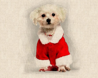 Christmas Xmas Maltese Terrier Digital Print Design Cotton Rich Linen Look Fabric Craft Curtains Furnishing Upholstery | Per Panel 45X46 CM