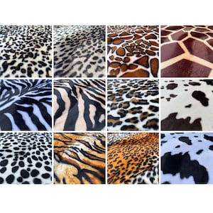 May include: A collection of 12 different animal print fabrics. The fabrics feature a variety of animal prints, including leopard, zebra, giraffe, tiger, and cow. The fabrics are all soft and plush, and they would be perfect for a variety of crafting projects.
