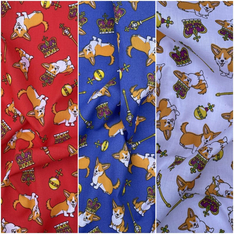 May include: Three fabric swatches with a repeating pattern of cartoon corgis wearing crowns and holding scepters. The fabric swatches are red, blue, and white.