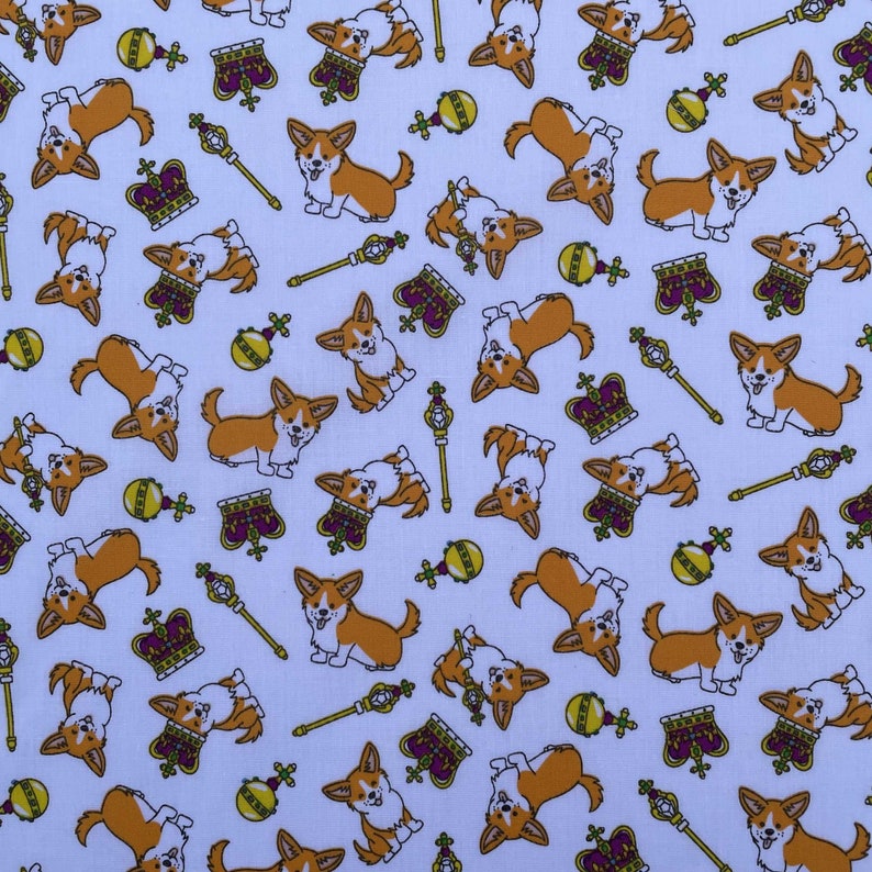 May include: A white fabric with a repeating pattern of cartoon corgis wearing crowns and holding scepters. The corgis are in various poses, some are sitting, some are standing, and some are running. The background is white with a subtle texture.